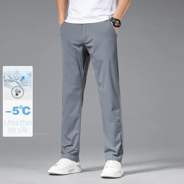 Spring Summer Ultra-thin Casual Pants Men's High Elastic Ice Silk Quick-dry Straight Draped Business Trousers Male Korean - Image 2
